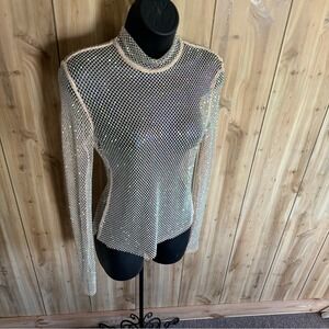 Festival Mesh Long Sleeve Top Holographic Glitter Sparkles Rave Rhinestones NWT